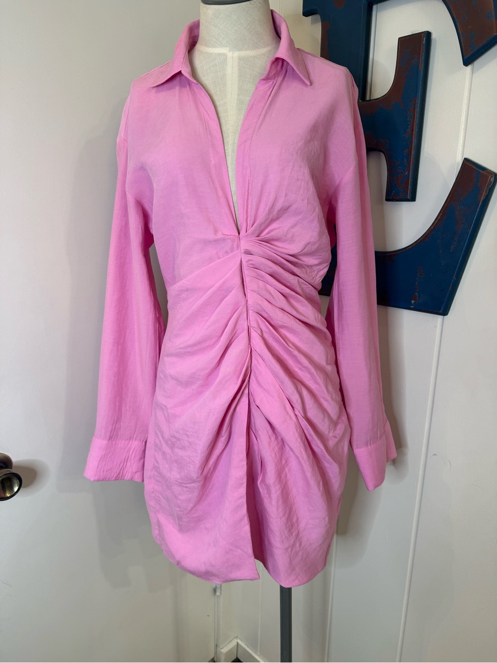 Zara Pink Ruched Long Sleeve Dress Sz M